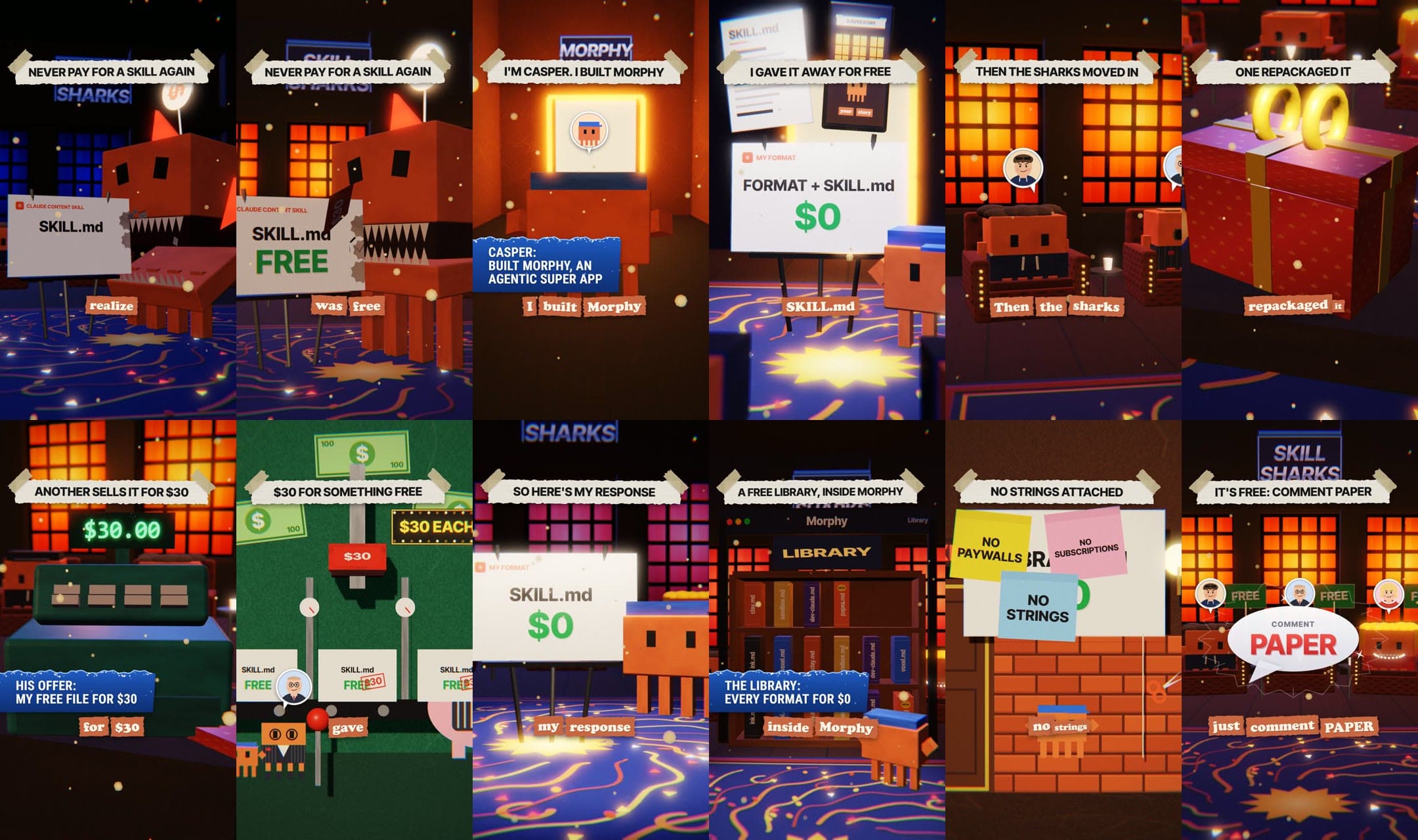 Twelve frames from a finished Paper reel, in order