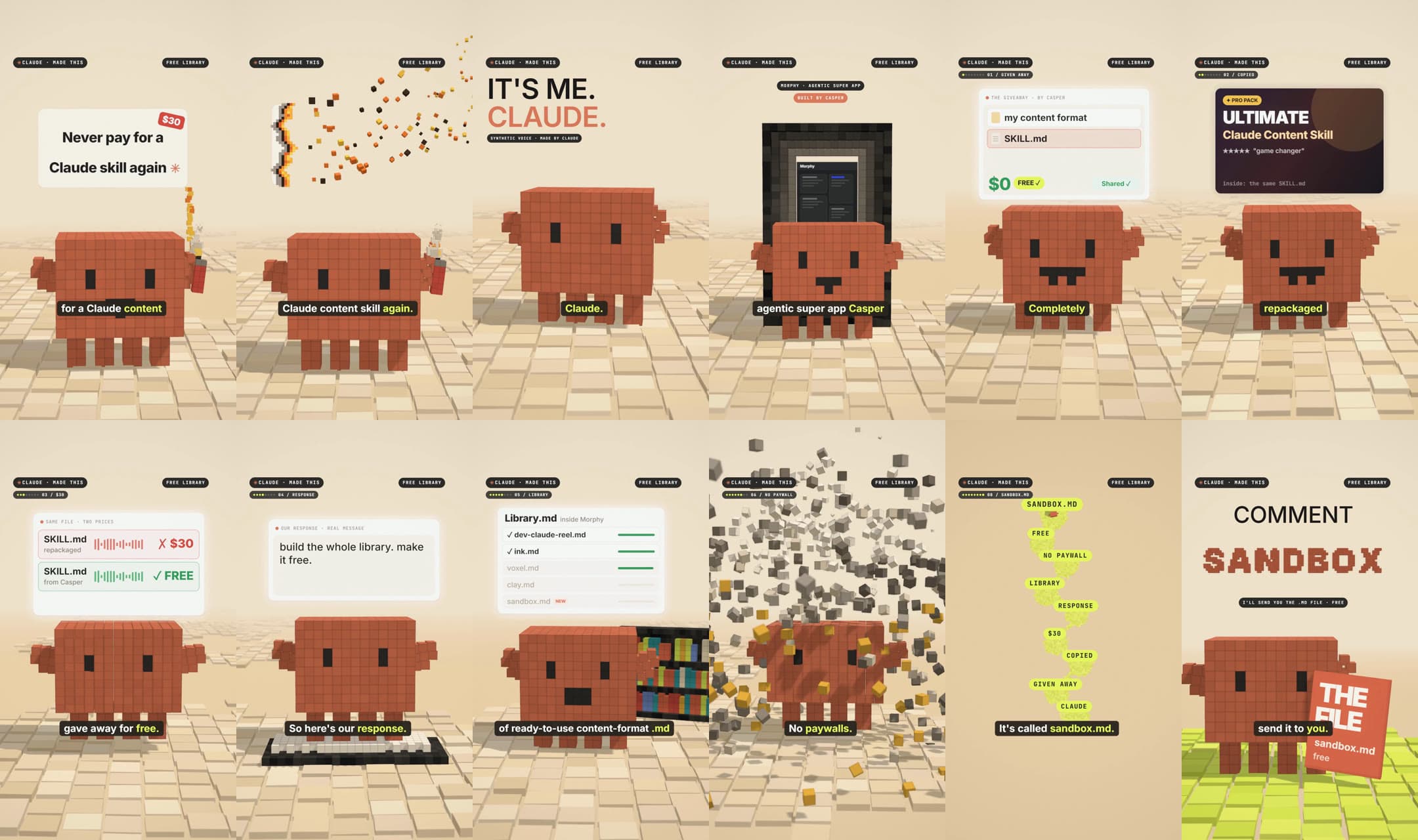 Twelve frames from a finished Sandbox reel, in order