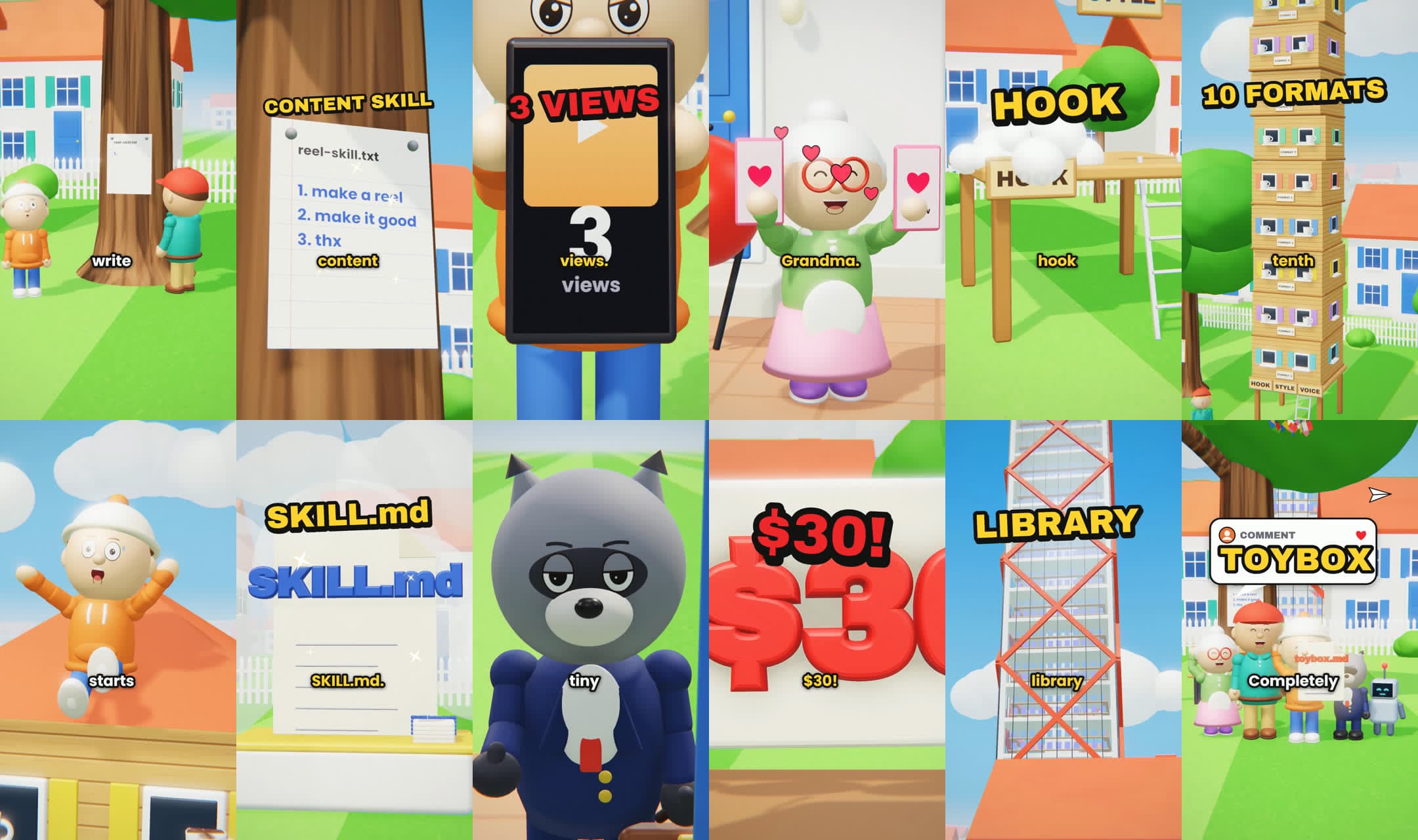 Twelve frames from a finished Toybox reel, in order