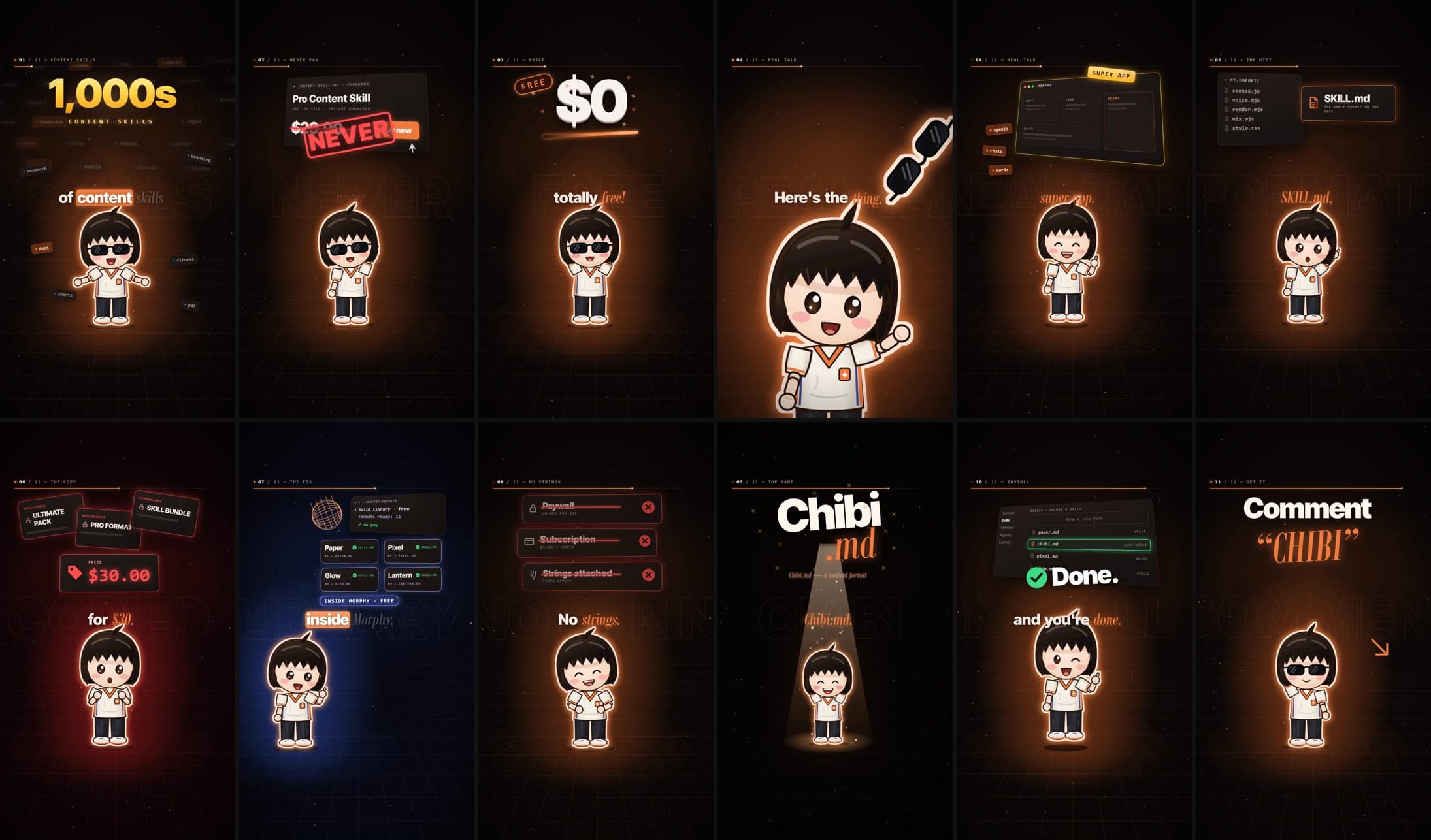 Twelve frames from a finished Chibi reel, in order