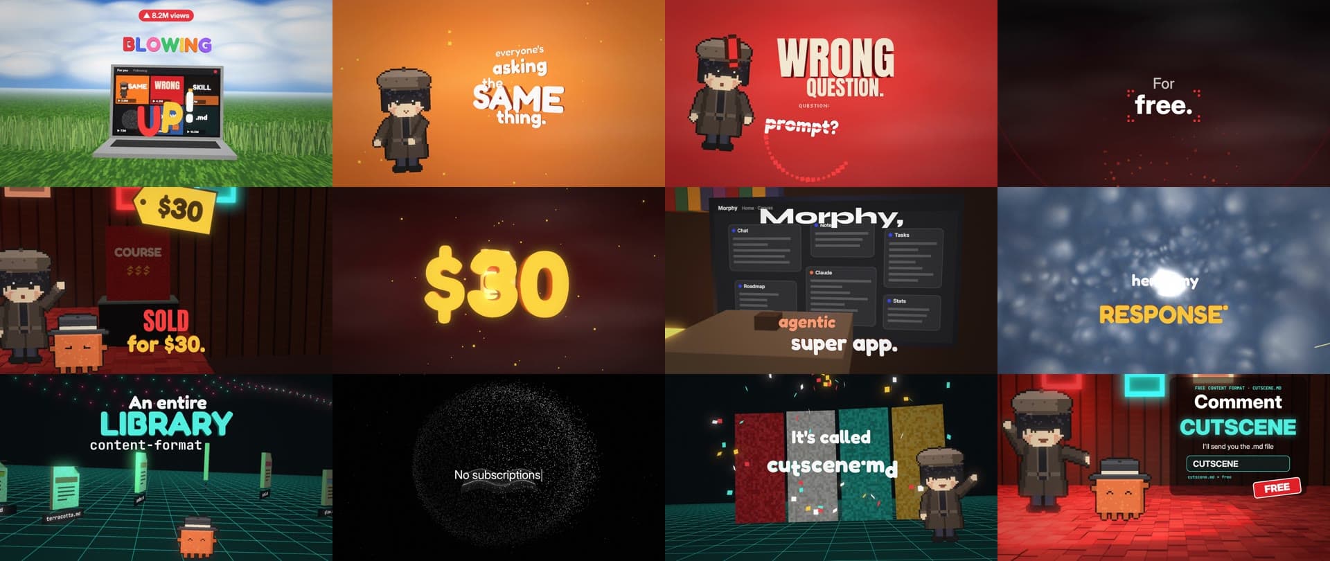 Twelve frames from a finished Cutscene reel, in order