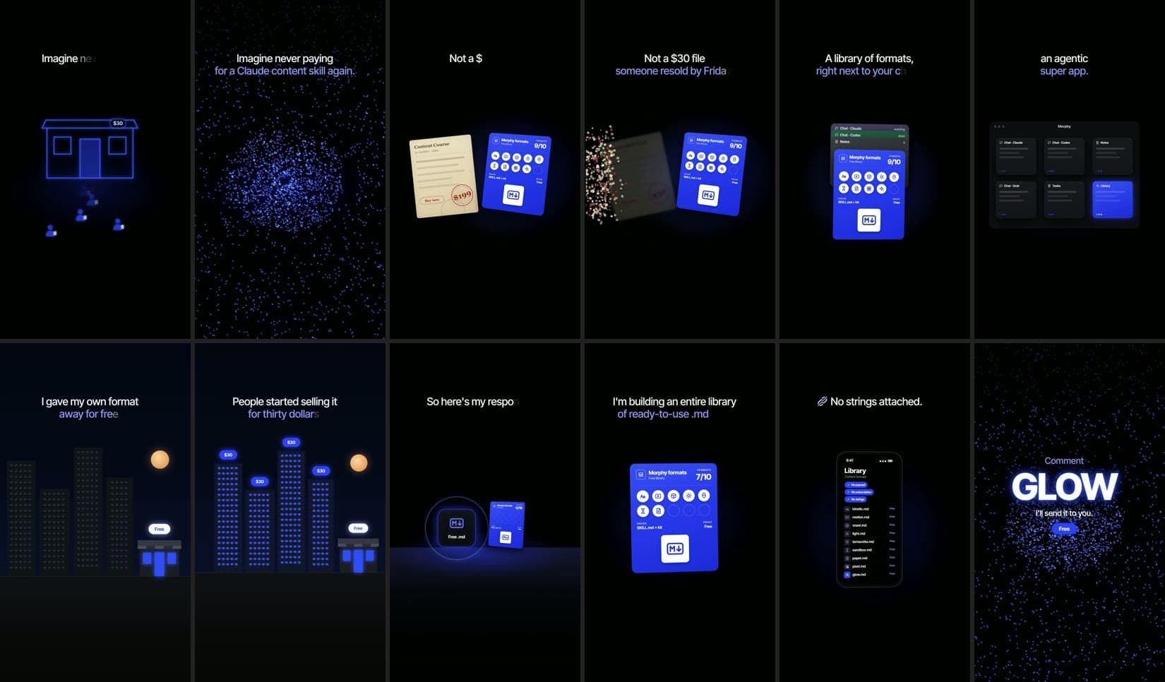Twelve frames from a finished Glow reel, in order