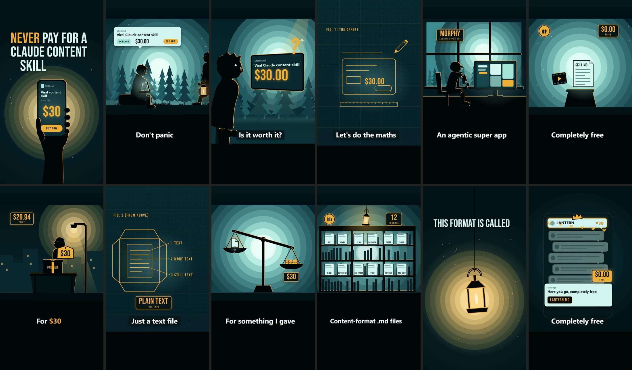 Twelve frames from a finished Lantern reel, in order