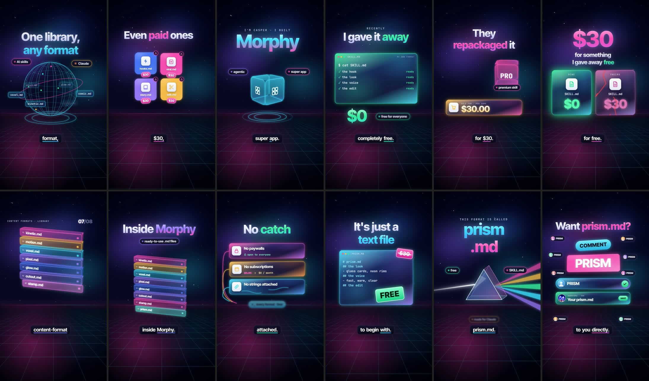 Twelve frames from a finished Prism reel, in order